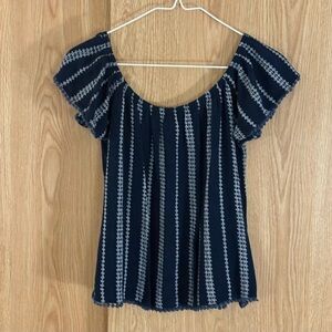 Navy and Gray Embroidered Stripes Cropped Cap Sleeve Blouse